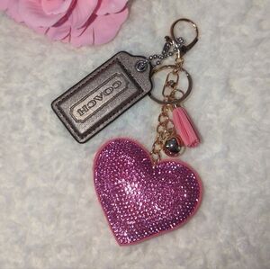 Coach Pewter Metallic Hangtag With Pink Glitter Heart Key Ring Gold Hardware